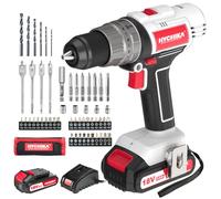 HYCHIKA Taladro Percutor a Batería 18 V, Taladro Inalámbrico con Batería de 2,0 AH, Taladro de Impacto máx 45 Nm, 2 velocidades, Par 21+3, con 55 Accesorios, con luz de trabajo LED