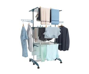 Hyfive Tendedero de ropa para interiores, tendedero de ropa de caballo, tendedero de ropa de 4 niveles, plegable, ahorro de espacio, con zapatero, de acero inoxidable, fácil almacenamiento (azul)