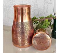 Hygge - Jarra de noche de cobre puro, jarra de agua de cobre puro para regalo, hogar, deportes y yoga, con vaso, beneficios para la salud ayurveda, capacidad de 1 litro (34 onzas) en relieve