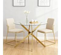 HYSZ Mesa de comedor de cristal, mesa de comedor redonda con tapa de cristal templado y patas doradas, mesa de centro, 80 × 80 × 76 cm, para sala de estar