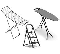 HYTAMA TOOLS - Tabla de planchar Brava 33 x 110 cm con palanca plegable, con soporte para plancha + tendedero WINGSLUX negro de suelo, 18 m de tendido, acero + escalera de 3 peldaños, todo de acero