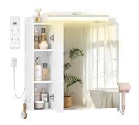 Hzuaneri Armario de Baño, con Espejo y Luz LED, 2 Enchufes CA + 2 USB, Mueble Espejo de Pared con Interruptor y Enchufe, Soporte para Secador de Pelo, Ganchos, Estantes Ajustables, Blanco MC00603XEU