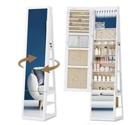 Hzuaneri Espejo Joyero con 8 LEDs, Armario de Joyas de Giro de 360°, Espejo Joyero de Pie con Almacenaje, Blanco y Beige JC16003BE