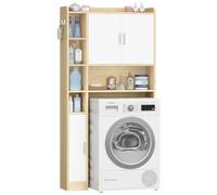 Hzuaneri Mueble Lavadora, con 2 Armarios, 5 Compartimentos Abiertos, Estantería de Baño con 3 Puertas, Estantes Ajustables, Estilo Moderno Minimalista, 24 x 82 x 170 cm, Blanco-Roble ELR82131X