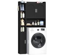 Hzuaneri Mueble Lavadora, con 2 Armarios, 5 Compartimentos Abiertos, Estantería de Baño con 3 Puertas, Estantes Ajustables, Estilo Moderno Minimalista, 24 x 82 x 170 cm, Negro ELR82006X