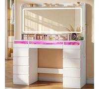Hzuaneri Tocador con Espejo Grande de Alta Definición, Blanco | Tocador con Luces LED, Tira de Luces RGB y Superficie de Vidrio, incluye Regleta y 11 Cajones, para Dormitorio, DT44603XEU