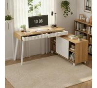 I0I&I0I Escritorio sencillo con cajones, mesa de oficina estable con estantes y mesa ancha para oficina en casa (Natural + MDF + Metal-1)
