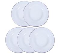 ibasenice 5 Piezas Plato Redondo Esmaltado Blanco Borde Azul de 24cm para Servir Aperitivos y Cenas en Reuniones Familiares, Diseño Vintage Clásico Fácil de Limpiar
