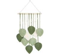 Ibenzoa® - Adorno de pared de macramé, 90 x 40 cm. Tejido a mano con algodón, decoración bohemia para la pared que incluye una varilla de madera, cuentas, hojas verdes y plumas. Incluye clavijas invis