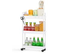Ibenzoa® Carro de cocina estrecho – 3 niveles, 3 estantes y 9 ganchos, plástico, 38,8 x 12,5 x 65 cm, 4 ruedas (2 con freno) – Ahorra espacio para la cocina y el baño