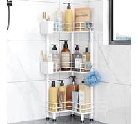 Ibenzoa® Estante para ducha, juego de 3 unidades – sin necesidad de taladrar, diseño que ahorra espacio, forma en L, 3 niveles, metal, patas ajustables, ganchos y portavasos, distancia entre estantes 