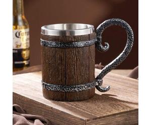 Ibenzoa®: Jarra vintage hecha a mano, diseño de barrica de madera, acero inoxidable 304 en el interior, resina en el exterior, 500 ml, ideal para cerveza, café, zumo y whisky