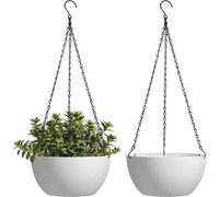 Ibenzoa® Juego de 2 macetas colgantes, color blanco, diámetro 25 cm, plástico, para interior y exterior, con cadenas, orificios de drenaje y tapón removible, capacidad de 6 kg por soporte (3 soportes