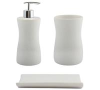 Ibenzoa®: Juego de baño de cerámica de 3 piezas – Dispensador de jabón 7 x 6 x 15 cm, Jabonera 11 x 8 x 3 cm, Vaso para cepillos de dientes Ø 7,5 x 9,5 cm, Blanco, cerámica y plástico