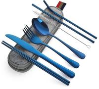 Ibenzoa®: Juego de cubiertos de viaje de 8 piezas, fabricado en acero inoxidable apto para alimentos. Set compacto para camping que incluye cuchillo, tenedor, cuchara, palillos, pajita, cepillo de lim