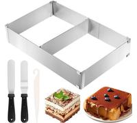 Ibenzoa® Marco rectangular ajustable para tartas, de acero inoxidable, con separador y bandeja antiadherente, de 18–33×28–53×5 cm, incluye espátula blanca y cuchillo