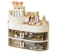 Ibenzoa® Organizador de cosméticos de 3 niveles, giratorio 360° – Almacenamiento para maquillaje y cuidado de la piel con soporte para brochas, plástico reforzado, sin necesidad de montaje, compacto