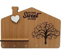 Ibenzoa®: Panel decorativo de MDF con estante y 6 ganchos – Tablero rústico para llaves con relieve del árbol de la vida, corazón y la inscripción grabada "Hogar, dulce hogar", ideal para pasillos, sa
