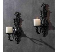 Ibenzoa® Set de 2 portavelas de pared s de metal, de 38 x 13 cm, con plato para velas de 8,3 cm – soporte de pared gótico, hecho a mano, para velas reales y LED