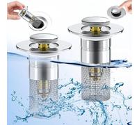 Ibenzoa® Tapón universal para desagües con filtro de acero inoxidable para pelos, válvula tipo "pop-up" y juntas de sellado – para diámetros de 34–40 mm (lavabos, duchas, cocinas)