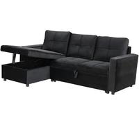 IBERA HOME Sofá Cama Chaise Longue BOGA 3 Plazas Negro Terciopelo 215 x 135 cm - Cheslong Reversible con Arcón y Almacenamiento - Sistema de Arrastre - Tapizado Elegante - Armazón Pino Macizo - Salón