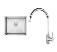 Ibergrif M85043 Fregadero Cocina 50 x 43 cm, Fregadero Bajo Encimera o Sobre Encimera & GRIFEMA Irismart G4008 Grifo de Cocina Alto con Caño Giratorio, Mezclador de Fregadero