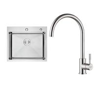 Ibergrif, M85545 Fregadero sobre Encimera con Filtro de Drenaje y 2 Agujeros de Montaje & GRIFEMA Irismart G4008 Grifo de Cocina Alto con Caño Giratorio, Mezclador de Fregadero