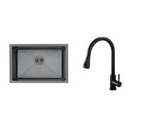 Ibergrif M87044B Fregadero Cocina 70 x 44 cm, Fregadero Bajo Encimera o Sobre Encimera & M22136B Grifo Cocina Extraible, Mezclador de Fregadero con 3 Modos