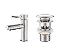 Ibergrif Mundo, Grifo de Lavabo de Acero Inoxidable, Mezclador Monomando, Níquel Pulido & M20502 Click-Clack Desagüe Lavabo Universal con Rebosadero, Válvula Tapon para Bidés, Plata