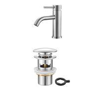 IBERGRIF Pack: Válvula Pop-Up Cromada con Desbordamiento + Grifo Lavabo Moderno en Acero Inoxidable Gris, Cartucho Cerámico para Agua Caliente y Fría