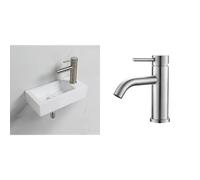 Ibergrif Sanitär-Set: Keramik Hänge-Waschbecken (Rechtsausführung, 37,6 x 18,8 cm) & Edelstahl 304 Einhebelmischer M11003A (Gebürstet), Wassersparender Luftsprudler, Inkl. G 3/8" PEX-Anschlussschläuch