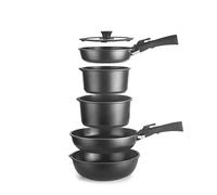IBILI - Set Batería 9 Piezas Kompakto, sarten 20-26 cm, sarten honda 26 cm, cazo 18-20 cms, tapa 20-26 cms, 2 mangos extraibles, libre de PFAS, Aluminio fundido, Apilable, facil de almacenar