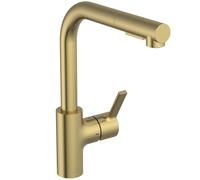 Ideal Standard - Gusto Monomando de cocina, Caño redondo en L, con rociador extraíble y dos modos de chorro, caño giratorio 360°, fácil de instalar con fijación EasyFix+, Oro Cepillado