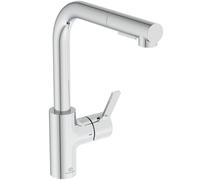 Ideal Standard - Gusto Monomando de cocina, Caño redondo en L, con rociador extraíble y dos modos de chorro, caño giratorio 360°, fácil de instalar con fijación EasyFix+, Cromo
