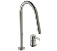 Ideal Standard - Gusto Monomando de cocina de dos orificios, Caño redondo en C, con cartucho FirmaFlow, caño giratorio 360°, Conexión de tornillo desde abajo, Tormenta Plateada