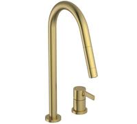 Ideal Standard - Gusto Monomando de cocina de dos orificios, Caño redondo en C, con rociador extraíble y dos modos de chorro, caño giratorio 360°, Conexión de tornillo desde abajo, Oro Cepillado