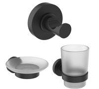 Ideal Standard set accesorios baño (3 en 1), set con A9115XG IOM gancho de toalla + A9122XG IOM jabonera de pared baño + A9120XG IOM portavasos cristal translúcido, Negro Mate