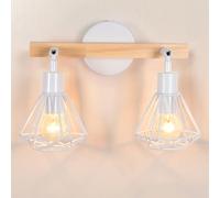 iDEGU 2 Luces Aplique de Pared Vintage E14 Lámpara de Pared Interior Blanco de Metal y Madera Diseño de Jaula Luz de Muro Ajustable Lámpara de Techo para Salón Dormitorio Cocina Cafetería