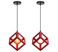 iDEGU 2 Piezas Lámparas Colgantes Moderna Diseño Cubo Lámpara de Plafón de Estilo Geométrico de Metal Iluminación E27 Lámpara de Techo Vintage para Dormitorio, Salón, Restaurante - 16 cm, Rojo