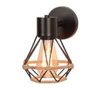 iDEGU Aplique de Pared Vintage Industrial Lámpara de Pared Interior Diseño Jaula de Metal con Cuerda de Cáñamo Retro Luz de Muro Ajustable Lámpara de Techo para Dormitorio Pasillo Salón Cocina (Negra)