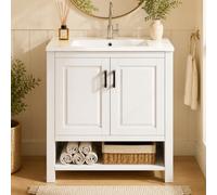 Idemon 76,5 x 47 x 83 cm, lavabo independiente, color blanco. | Totalmente lacado, armario de doble puerta, espacio de almacenamiento en diferentes tamaños, lavabo de cerámica integrado