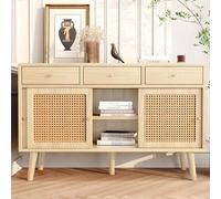 Idemon Aparador con 3 cajones y 3 puertas correderas, mimbre de ratán en los frentes de la puerta, patas de madera maciza, asa de metal dorado, estantes ajustables, 120 x 40 x 78 cm (roble)