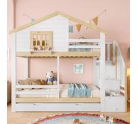 Idemon Litera, 90 x 200 cm, barandilla, cama extensible, escalera de almacenamiento, ventana, listón, blanco + natural