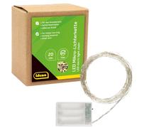 Idena 31118 - Microcadena de luces LED con 20 LED en blanco cálido, con función de temporizador de 6 horas, funciona con pilas, para fiestas, navidad, decoración, bodas, como luz de ambiente