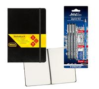 Idena 90326 - Cuaderno DIN A5 con 192 páginas, cuadriculado, incluye set Staedtler Artist con 3 revestimientos de pigmentos, un lápiz, sacapuntas y goma de borrar