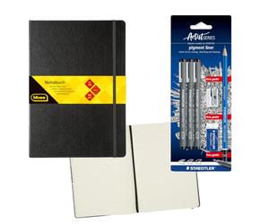 Idena 90341 - Cuaderno DIN A4 con 192 páginas, a rayas, incluye set Staedtler Artist con 3 revestimientos de pigmentos, un lápiz, sacapuntas y goma de borrar