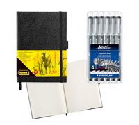 Idena 90347 - Cuaderno de bocetos DIN A5 con 160 páginas, en blanco, incluye 6 rotuladores Staedtler, punta revestida de metal en 6 anchos de línea