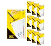 Idena 90388 - Bloc de notas cuadriculado A4, 10 unidades, bloc de notas escolar con 50 hojas y doble margen, papel de 70 g/m², 4 agujeros y encolado en la parte superior