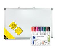 Idena 90880 - Pizarra blanca con bandeja para rotuladores, aprox. 90 x 60 cm, incl. 8 rotuladores STAEDTLER Lumocolor para pizarra blanca con punta redonda de aprox. 2 mm de ancho de trazo