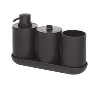 iDesign 28737ES Set de baño, Compuesto por dispensador de jabón, Porta cepillo de dientes, Algodonero y bandeja de plástico, Accesorios de baño para el lavabo, Negro, 24.5 x 8.9 x 16.2 cm, Juego de 4